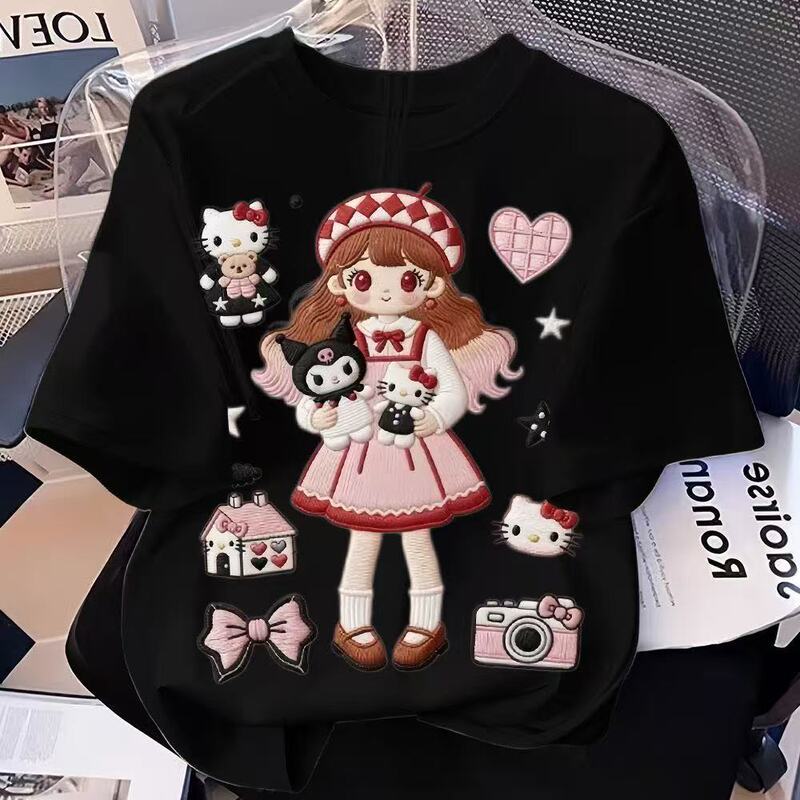 Women's Summer Thin White T-Shirt with Creative Cartoon Girl Imitation Embroidery Print, Slimming Base Shirt, Loose Fit 2026 Women's Summer Thin White T-Shirt with Creative Cartoon Girl Imitation Embroidery Print, Slimming Base Shirt, Loose Fit 2026