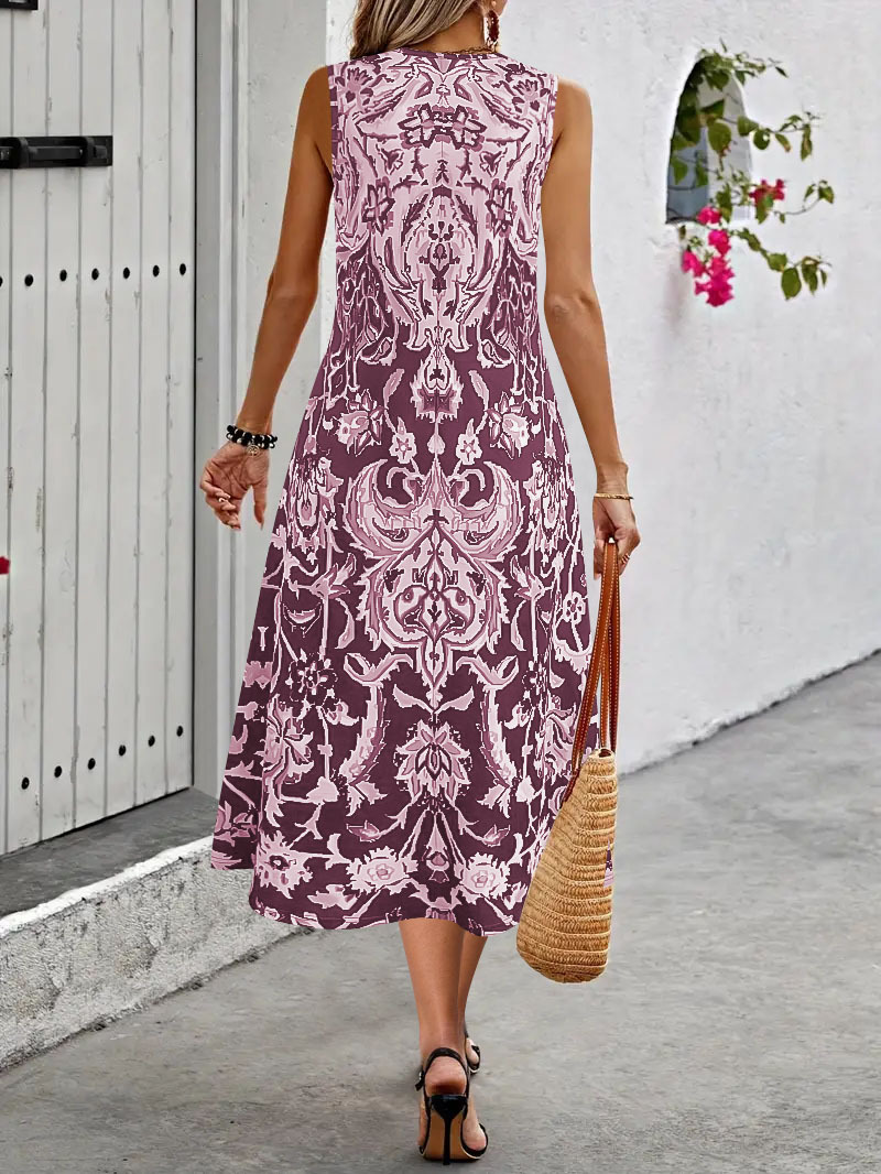 2025 Cross-Border Foreign Trade Bohemian Printed For Women, Summer Fashionable Elegant Round Neck Sleeveless Long Dress_ecoleips.com