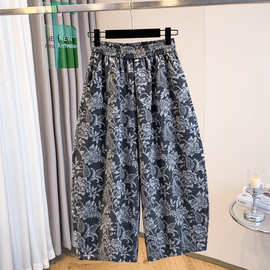 实拍2025年夏季新款复古重工提花棉麻阔腿裤松紧腰显瘦休闲九分裤