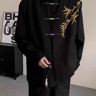 New Chinese Style Men's Clothing Suit Design, National Style Stand-Up Collar, Gold Bamboo Embroider Boy's Dress Suit, Trendy