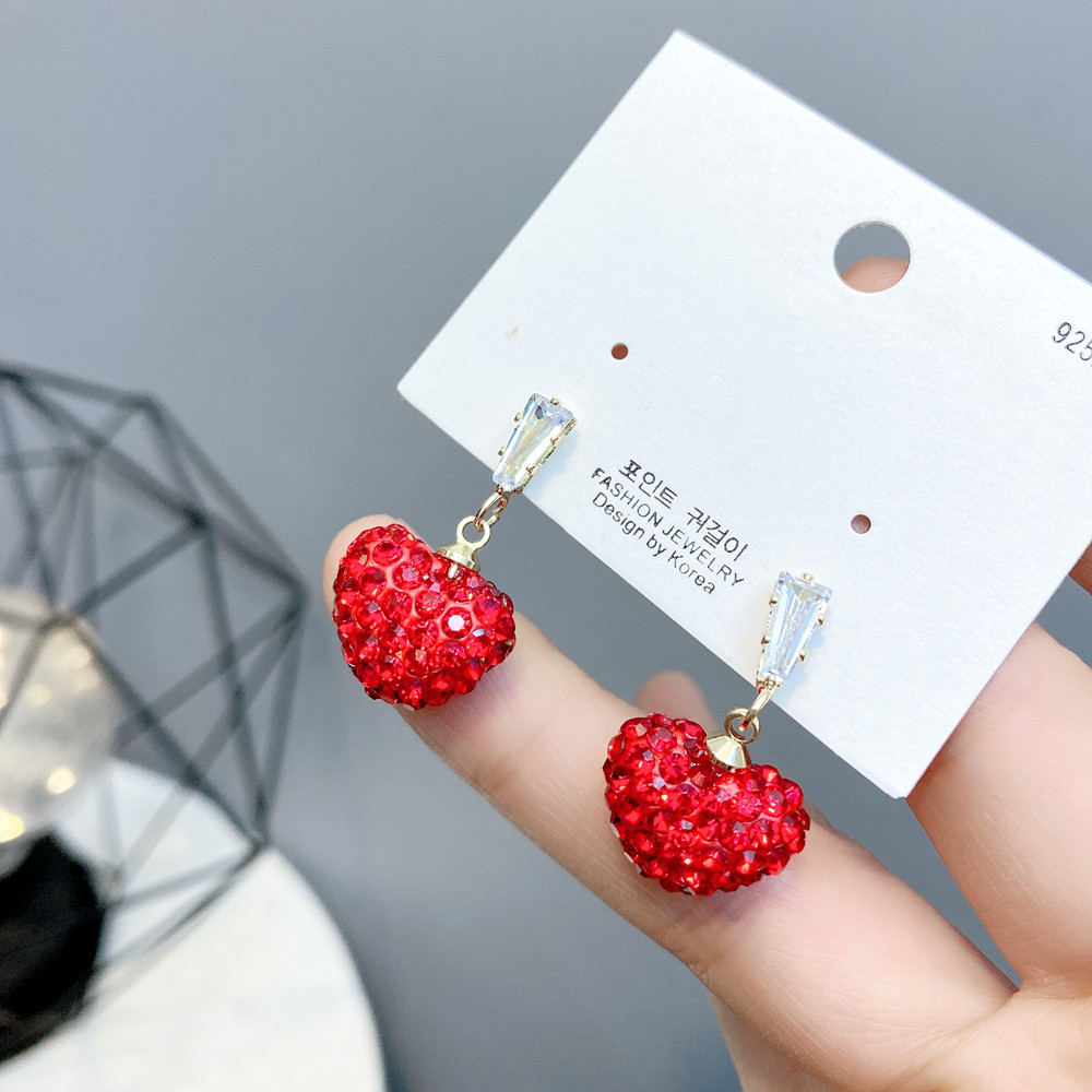 Full Diamond Red Heart Earrings display picture 2