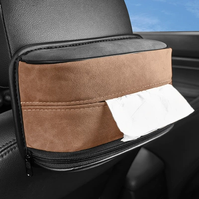 Cross-Border Customizable Logo Suede Car tissue box/set - standard-brown-gray-stitched-suede-tissue-box