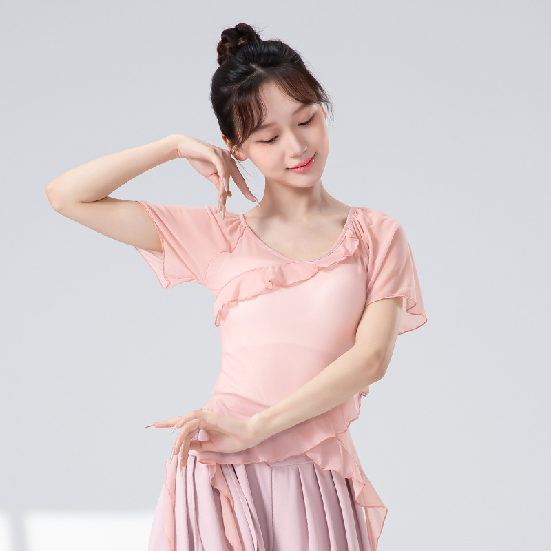女性用の新しいクラシックダンス服、フリル半袖弾性メッシュトップ、中国モダンダンスボディリズム練習服|undefined