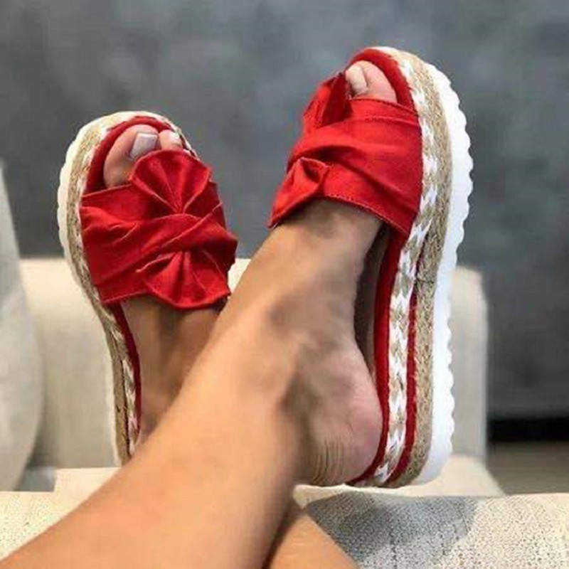 Summer wedge heel bow sandals for women, large-sized thick-soled rope beach shoes, large-sized women's shoes, size 43 wholesale undefined