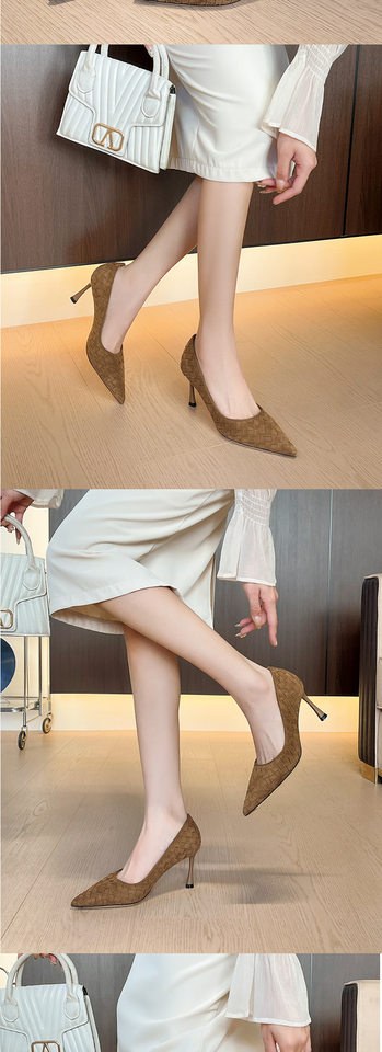 Giày cao gót nữ mũi nhọn gót mảnh bằng nhung thiết kế thanh lịch, miệng nông — mơ, nâu chi tiết 9