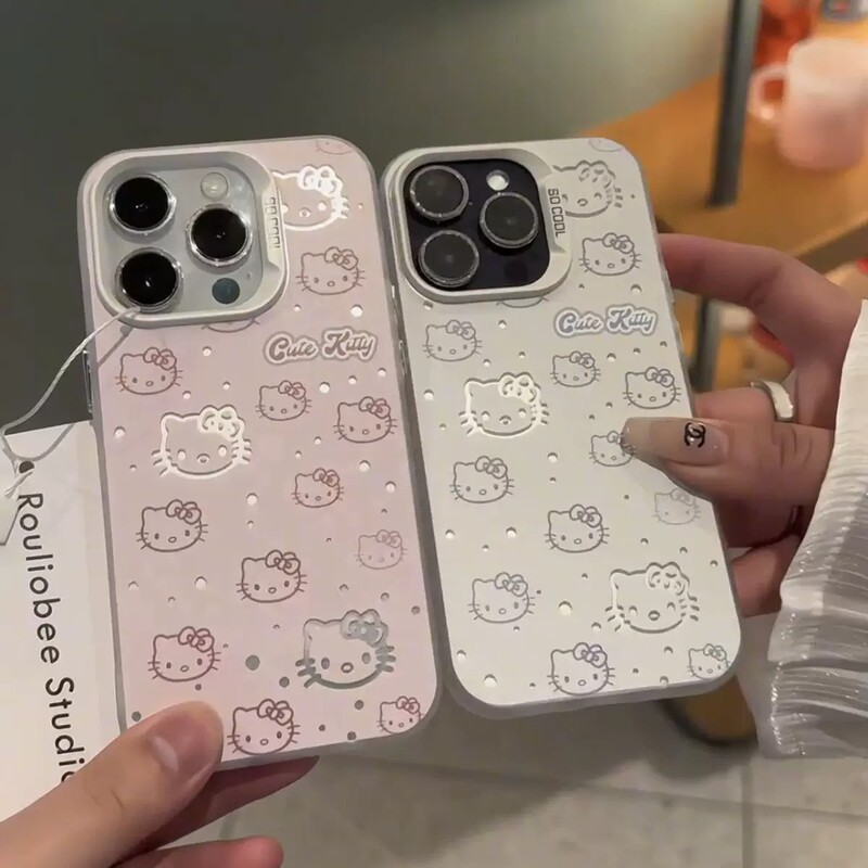 Hollowed-out polka dot background with multi-angle line drawing of Hello Kitty, sweet style, suitable for Apple 17ProMax phone case Hollowed-out polka dot background with multi-angle line drawing of Hello Kitty, sweet style, suitable for Apple 17ProMax phone case