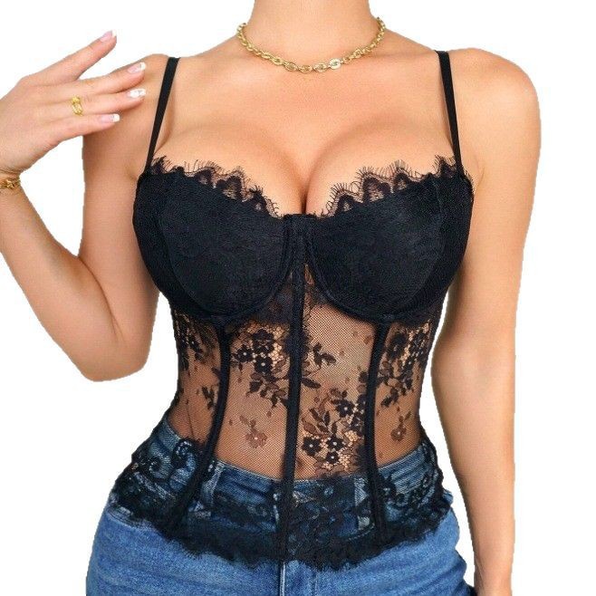 Corte francesa encaje tipo de pecho dividido para las mujeres 2025 sexy hueso de pez cintura irregular blusa