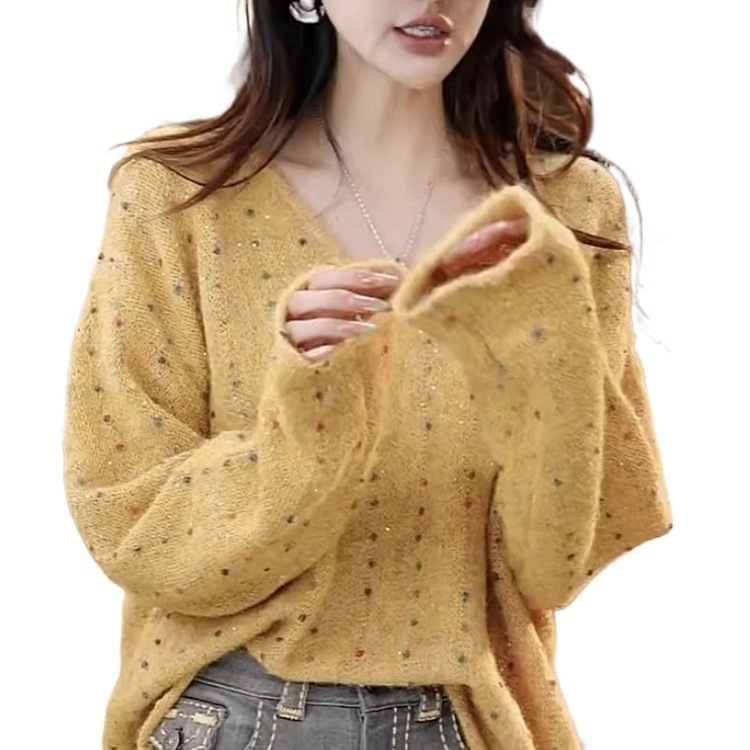 韩系温柔风甜美V领亮片彩点针织衫女秋冬新款宽松显瘦毛衣打底衫|undefined