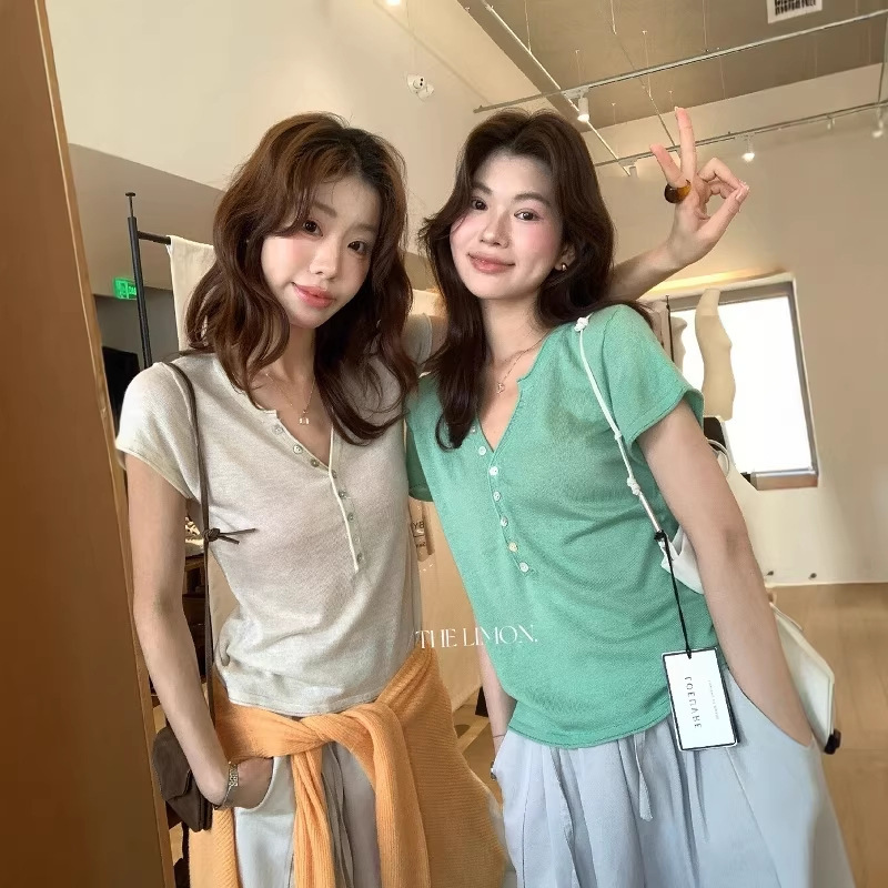 The Limon Lemon Green Tea 2026 Summer Korean Style Slim Fit Half-Open Collar Short Sleeve Knitted Sweater for Women