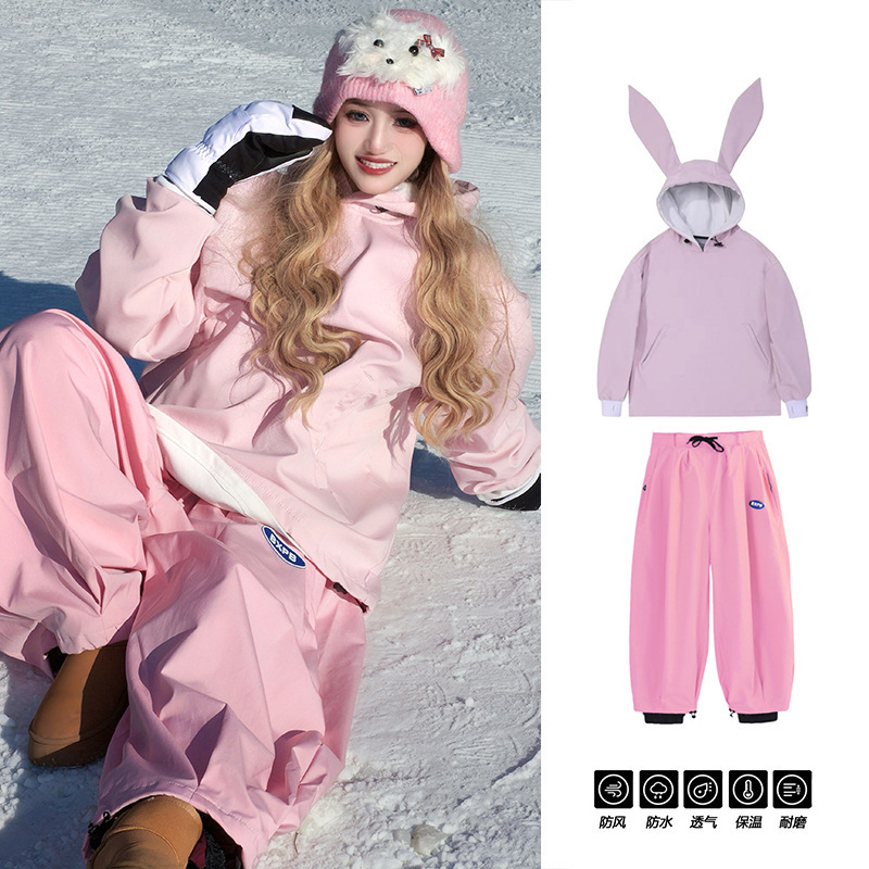 Entry-Level Ski Suit, Outdoor Sports Windproof and Wear-Resistant Ski Pants, Single and Double Board Cute Rabbit Mountaineering Ski Suit