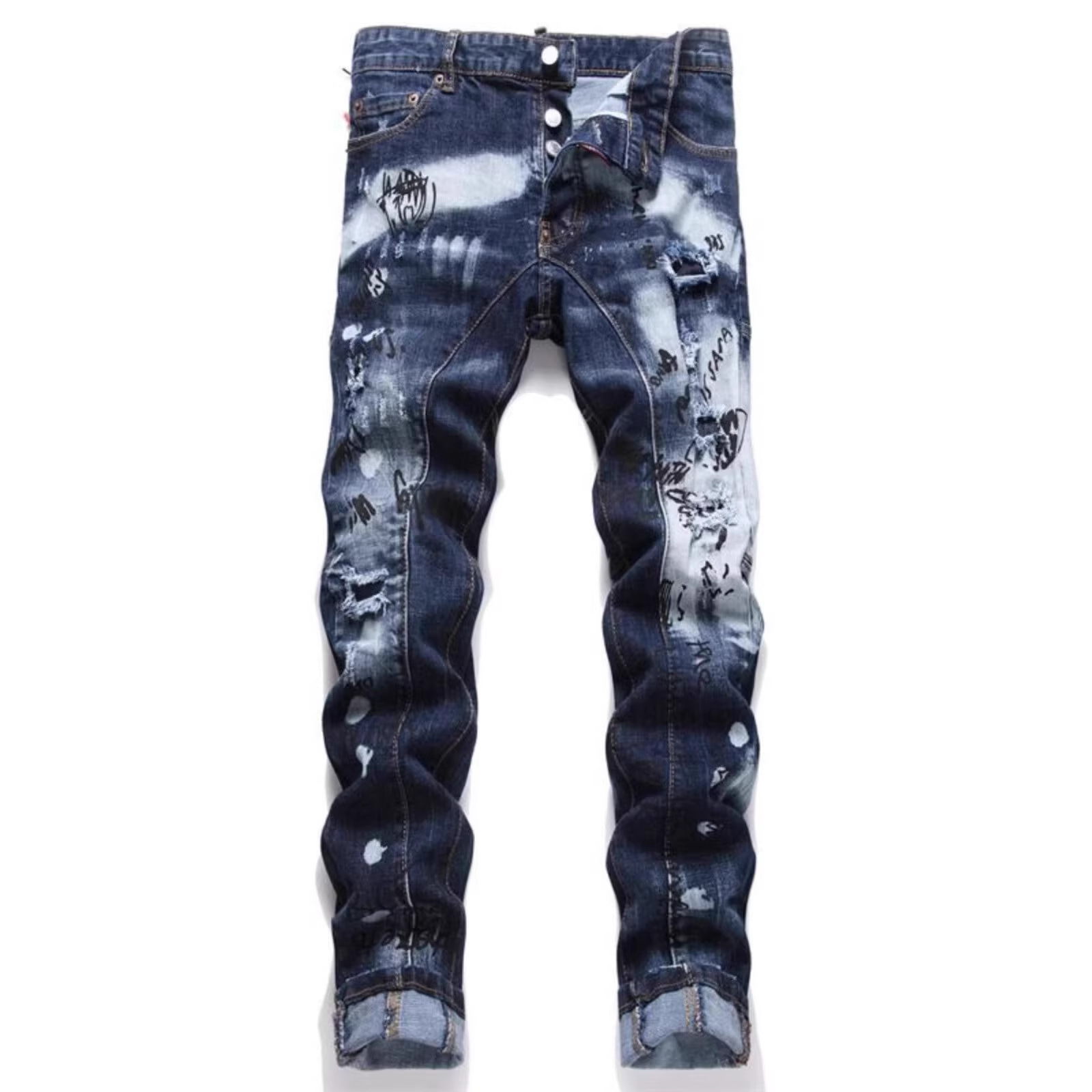 Retro Inspired Ripped & Patched Men's Jeans Stylish Embroidery Tapered Sole mid Waist Cotton Long Black/Gray/Blue Non-Stretch_mkmklike.com