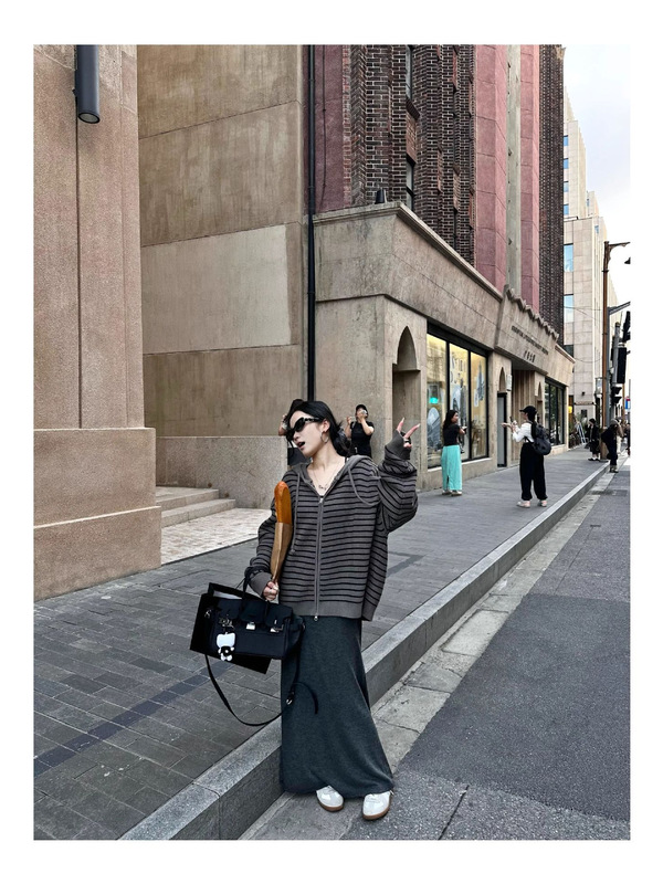 韩版条纹连帽针织开衫秋冬新款休闲宽松高级感慵懒风毛衣外套女|undefined