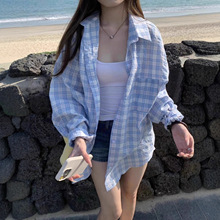 2025韩版小清新甜美格子蓝色衬衫女夏季慵懒风防晒外套
