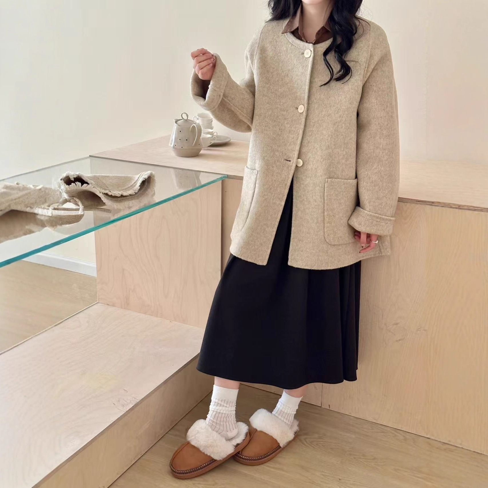 High-End Women's 2025 Autumn and Winter New Style Hat, Double-Sided Wool Coat, Short Tweed Jacket in Chanel Style for Women