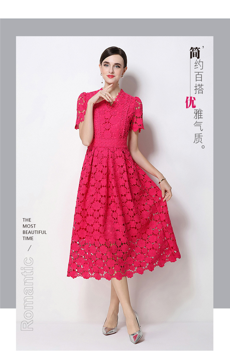 Đầm maxi nữ cổ V ren thắt eo tay ngắn họa tiết rỗng — màu đen, Rượu vang đỏ, màu hồng đậm, màu trắng chi tiết 93