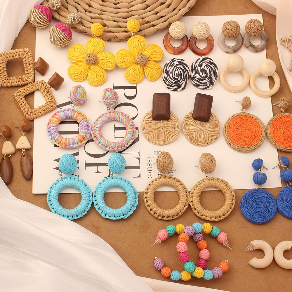 7g Weight 304 Stainless Steel Ear Needle Material Drop Earrings, Ear Studs Classification 1 Pair Quantity Daily Occasion Wood, Straw Material Geometric Pattern All Seasons Season Women's Gender Streetwear Style 1 Pair Streetwear Geometric Wood Straw Drop Earrings Ear Studs 3