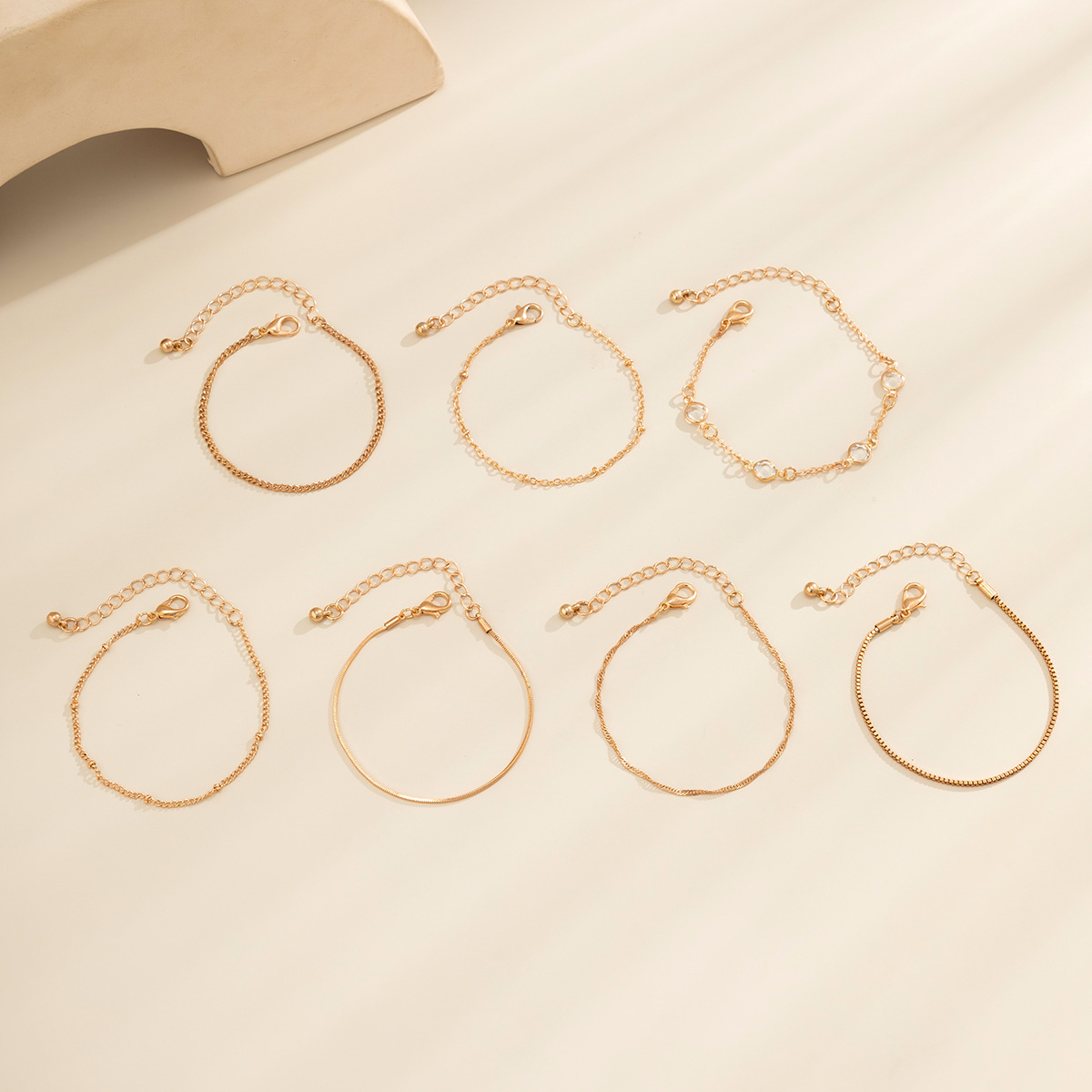 INS Style Solid Color Copper Bracelets Inlay Artificial Crystal Copper Bracelets 7 Pieces