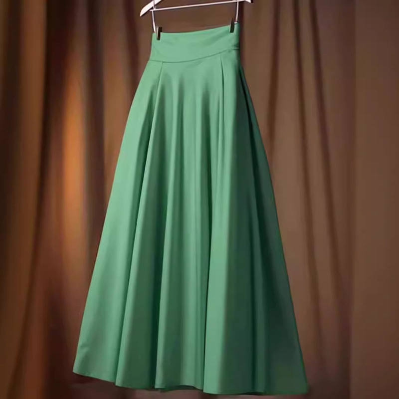 2024 new high-end super good-looking pleated thin mid-length high waist A- line green skirt for children summer