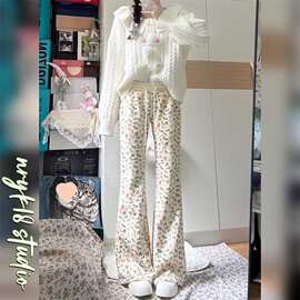 韩版复古满印卡通微喇裤子女夏季印花高腰垂感休闲冰丝拖地喇叭裤
