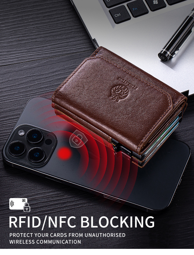 Ví nam gập mini da bò thật chống trộm RFID ba khúc — Đỏ nâu, Đen, Cà phê - Ngựa điên chi tiết 16