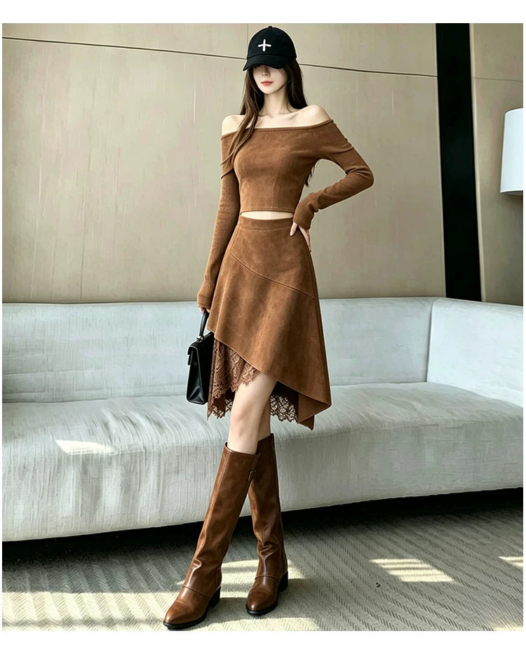 Chân váy nữ dáng chữ A eo cao lưng cao phong cách thanh lịch, chất liệu da hươu mềm mịn, thiết kế bất đối xứng, dáng trung dài — Màu cà phê đậm, màu kaki, đen chi tiết 18