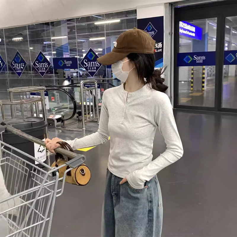 Button Half Open Collar Long Sleeve T-shirt Women's Spring and Autumn New Design Raglan Sleeve Short Top Base Shirt