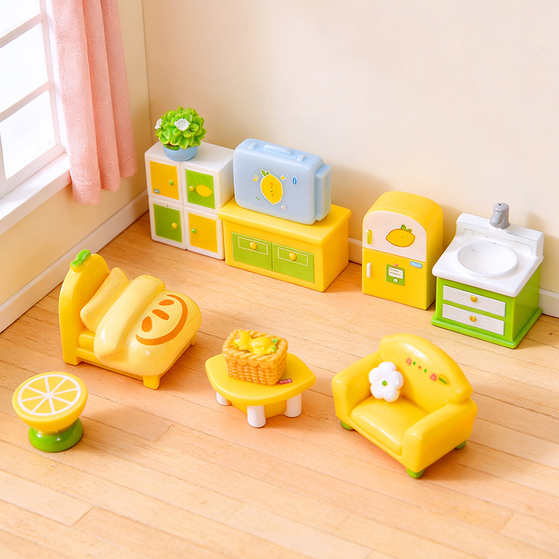 Miniature Lemon-Themed Furniture Set, Simulated Bedroom and Living Room Scenes, Resin Food and Play Miniature Ornaments Miniature Lemon-Themed Furniture Set, Simulated Bedroom and Living Room Scenes, Resin Food and Play Miniature Ornaments