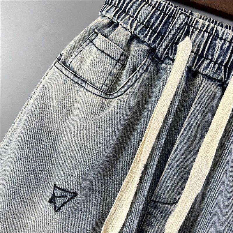Men's Jeans Embroidery Trendy Pockets Personalized Elastic Waist Versatile Harlan Casual Pants_voghion.com