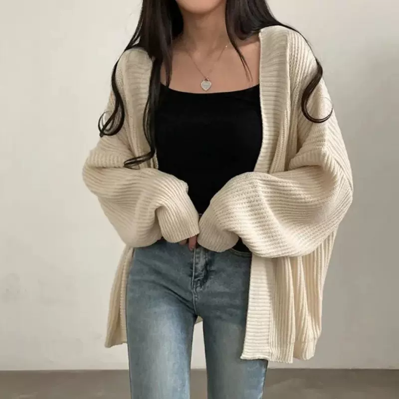中长款毛衣女秋冬休闲慵懒风纯色宽松版百搭针织开衫外贸元宝针织