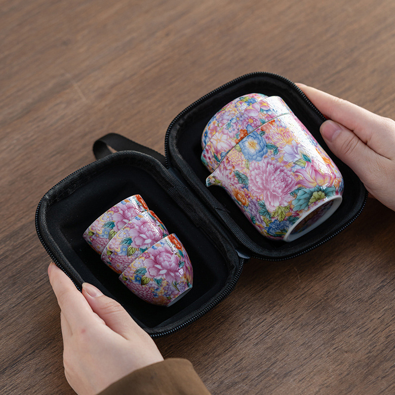 セラミック万華エナメルティーセット女性用トラベルティーセット1ポット3カップカンフーティーセット屋外ポータブルクイックカップ|undefined