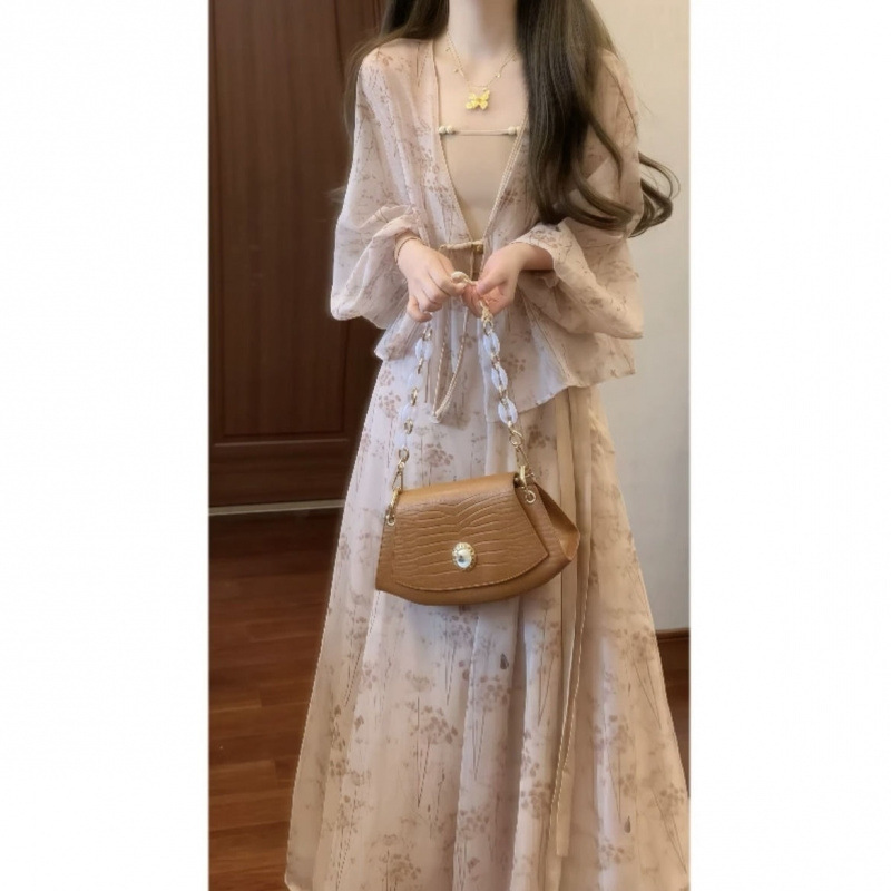 新しい中国風改良漢服スリーピーススーツ女性のための 2025 夏の新しい気質花柄中国風カーディガンとスカート|undefined