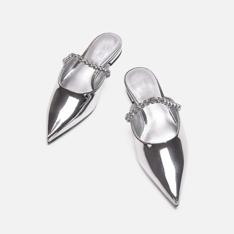 Silver Gemstone Chain Pointed Toe Mules For Women Elegant Flats_voghion.com