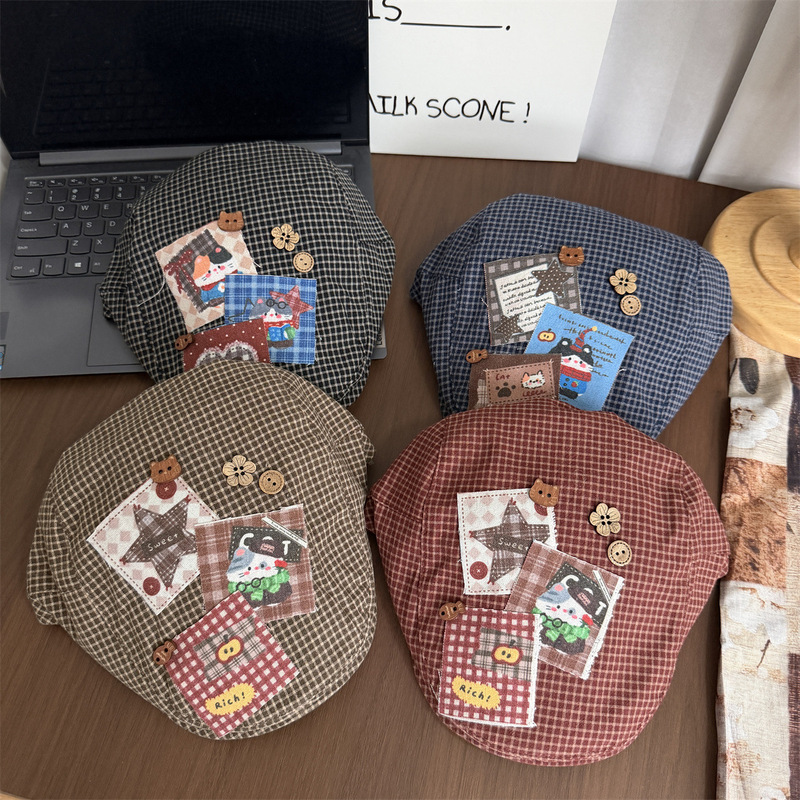 Japanese-Style Cute Handmade Patchwork Plaid Forward Cap for Women, New Spring/Summer Sweet and Cool Fashion Beret That Makes the Face Look Smaller Japanese-Style Cute Handmade Patchwork Plaid Forward Cap for Women, New Spring/Summer Sweet and Cool Fashion Beret That Makes the Face Look Smaller