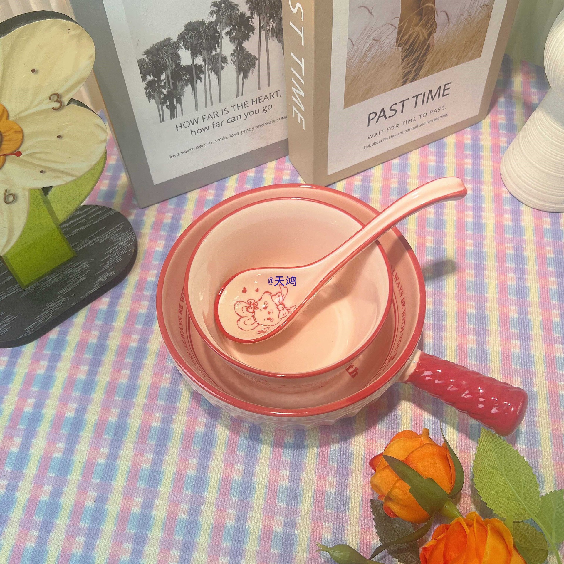 卡通一人食餐具大码汤碗新款碗筷套装带手柄陶瓷碗筷勺子陶瓷面碗
