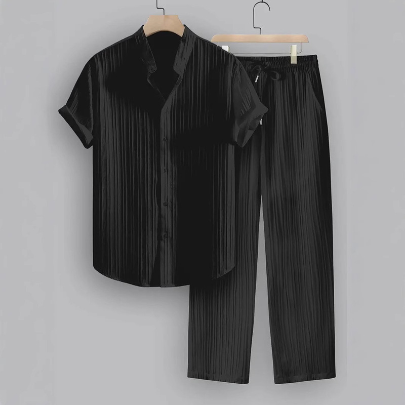 2025 Amazon Independent Site Cross-Border Foreign Trade Men's Striped Short-Sleeve Shirt with Buttoned Lapel and Drawstring Long Pants Set
