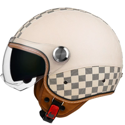 Motosiklet kaskı (dəbilqə) – retro leather helmet motorcycle bluetooth - checkerboard-off-white-short-outside-and-tea-inside-m