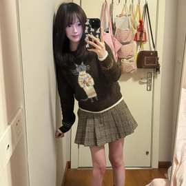 费尔岛绣花小猫针织衫毛衣女秋冬圆领套头软糯内搭小个子慵懒上衣