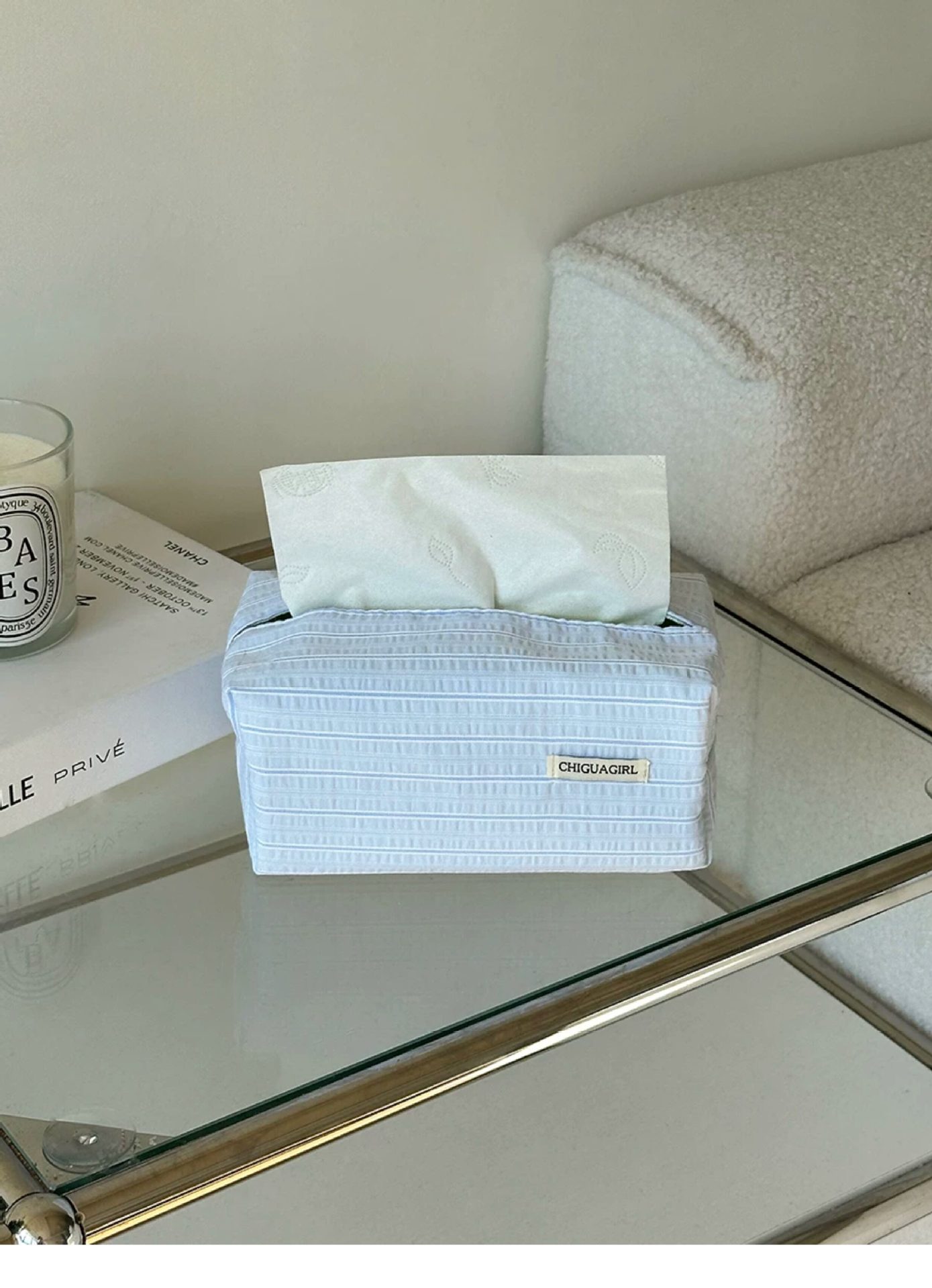 Korean-Style Blue Striped Tissue Box Fabric Tissue Cover with Simple Embroidery, High-End Feel, Desktop Decoration Ornament