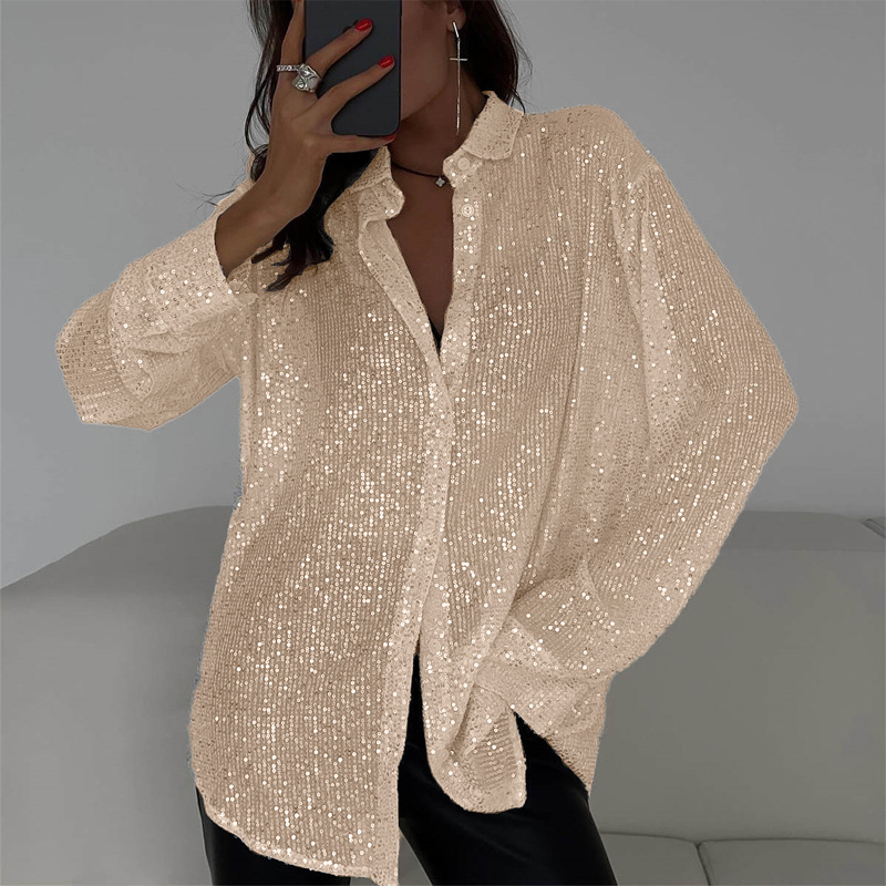 Women's Clothing New Sequin Top Lapel Long Sleeve Cardigan Basic Cross border Women's Shirt Jacket_voghion.com