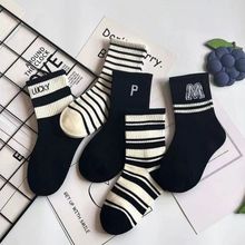 儿童袜子春秋中筒黑白条纹韩版ins潮袜运动学院学生中大男童宽口