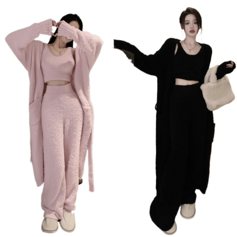 모피 따뜻한 패션 잠옷 세트 여성의 2024 새로운 달콤한 게으른 섹시한 고급 프랑스 홈 옷