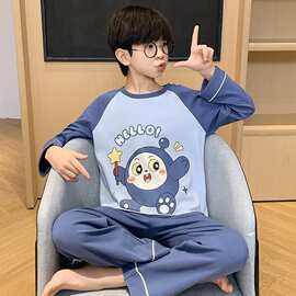 批发秋季长袖长裤男儿童圆领卡通加肥加大青少年中大童睡衣家居服