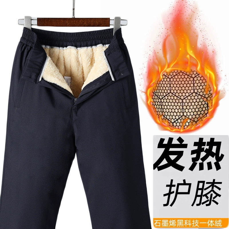 Оптовые мужские повседневные брюки на флисовой подкладке, зимние теплые утолщенные брюки для пап среднего и пожилого возраста, мужские прямые хлопковые брюки с наколенниками