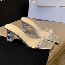 新款银色水晶高跟鞋女2024年夏季时尚凉鞋外穿粗跟水钻透明带凉拖
