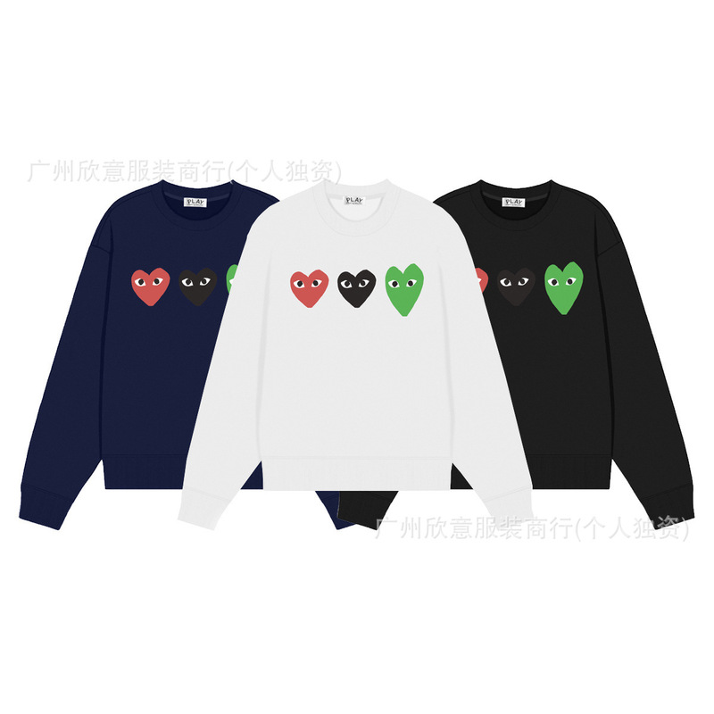 Cdg Three Hearts川久保玲 Play Love Autumn and Winter Long Sleeve Round Neck Terry Sweatshirt
