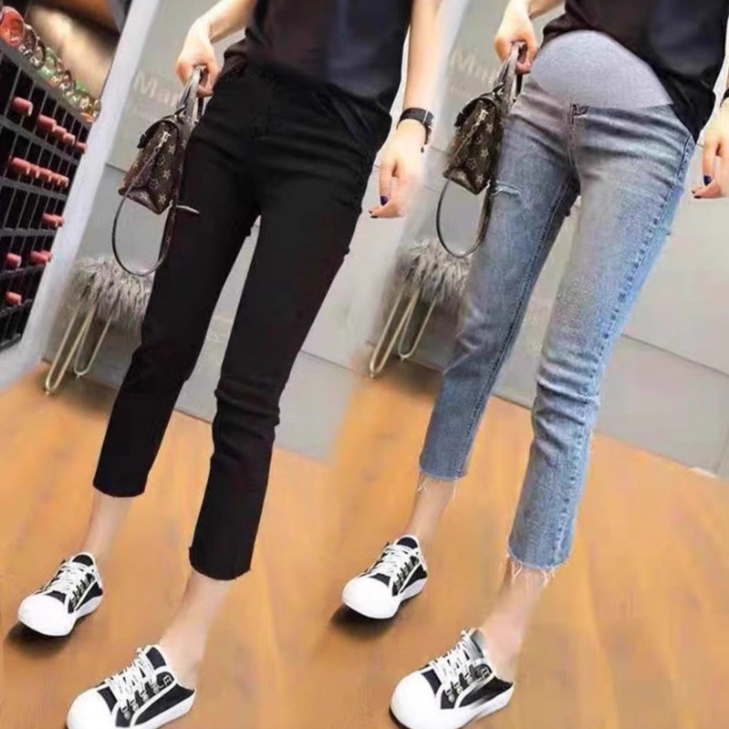 Slim-Fit Summer Cotton Denim Cropped Pants Black Slimming Ripped Casual Straight-Leg Pants Maternity Jeans Wholesale 8150