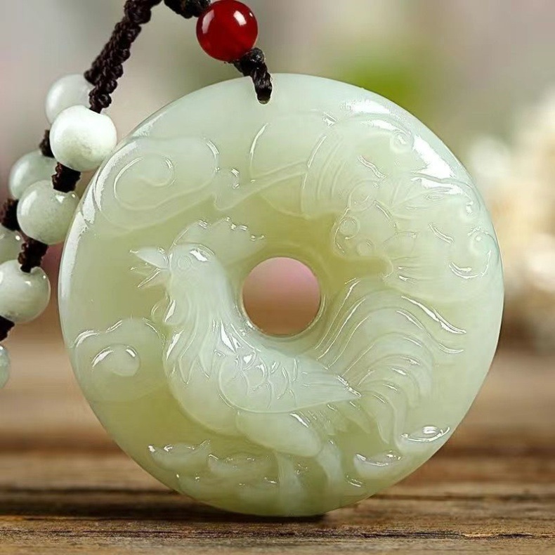 Mặt dây chuyền ngọc bích Hetian hình khóa an toàn 12 con giáp, dây chuyền ngọc tự nhiên cao cấp chi tiết 18