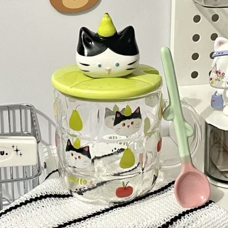 手绘立体猫咪玻璃马克杯带盖可爱卡通家用早餐杯耐高温杯子伴手礼|undefined