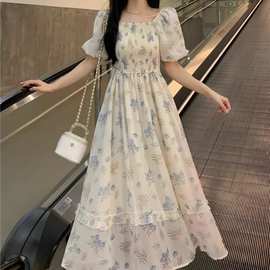 法式温柔超仙碎花连衣裙女夏季胖妹妹大码收腰显瘦过膝中长裙子