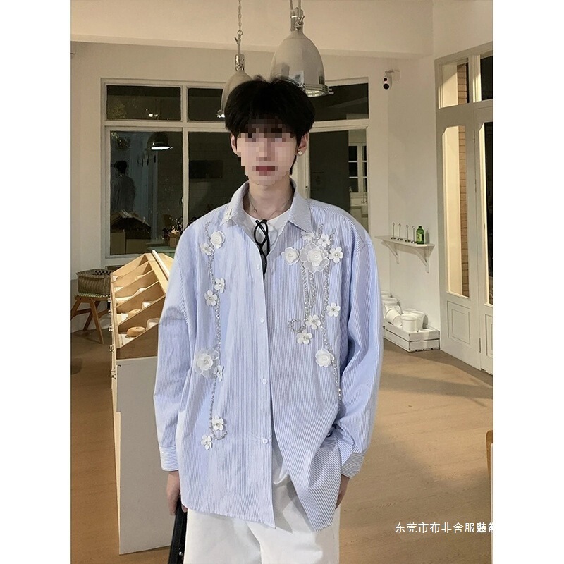 Sun Ensheng's personal shirt, niche custom floral blue shirt, men's striped unisex long-sleeve shirt, loose-fitting jacket